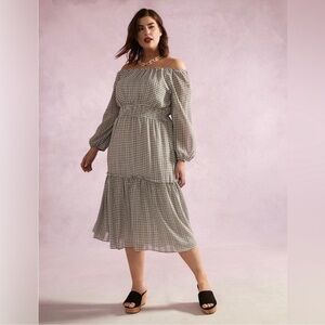Addition Elle Long Sleeve Off the Shoulder Gingham Midi Dress Size 3x NWT